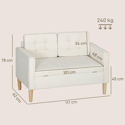 2-zitsbank – Tweezitsbank – Loveseat – Bankstel – Zitbank – Opbergruimte Onder Zitting – Rubberwood Frame – Crème Wit – 117x62x78 cm – Button Tufting