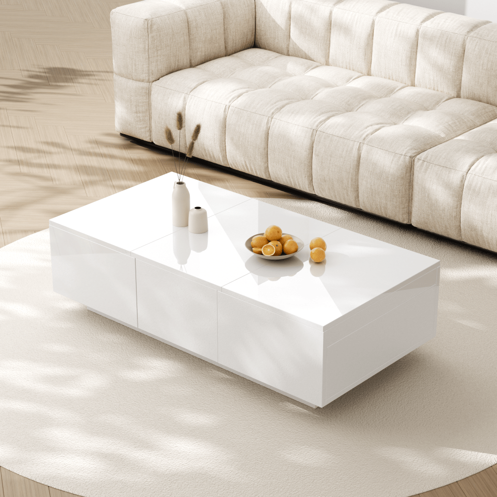 Salontafel – Koffietafel – Bijzettafel – Woonkamertafel – Tafel – Hoogglans Wit – Dubbele Schuifladen – Hout Kunstboard