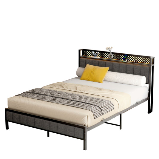 Metalen Bedframe – Stalen Bedframe – Gestoffeerd Bedframe – Tweepersoonsbed – Slaapkamer Bed – 140x200 cm – Hoofdbord Met Stofbekleding – Lattenbodem Zonder Boxspring
