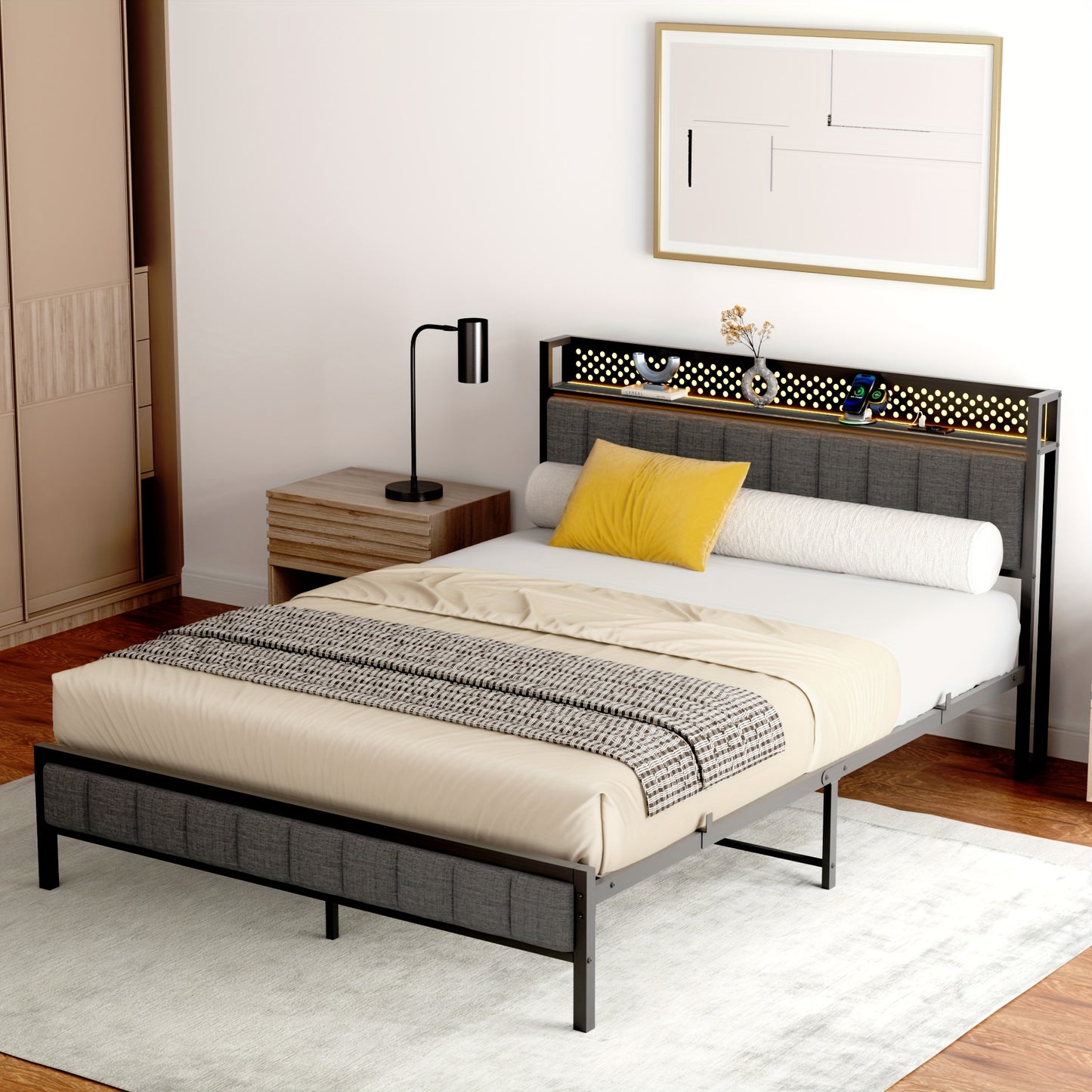Metalen Bedframe – Stalen Bed – Bedbodem – Boxspringvrij Bed – Gestoffeerd Bed – 140x200 cm – Bekleed Hoofdbord – Stevige Constructie