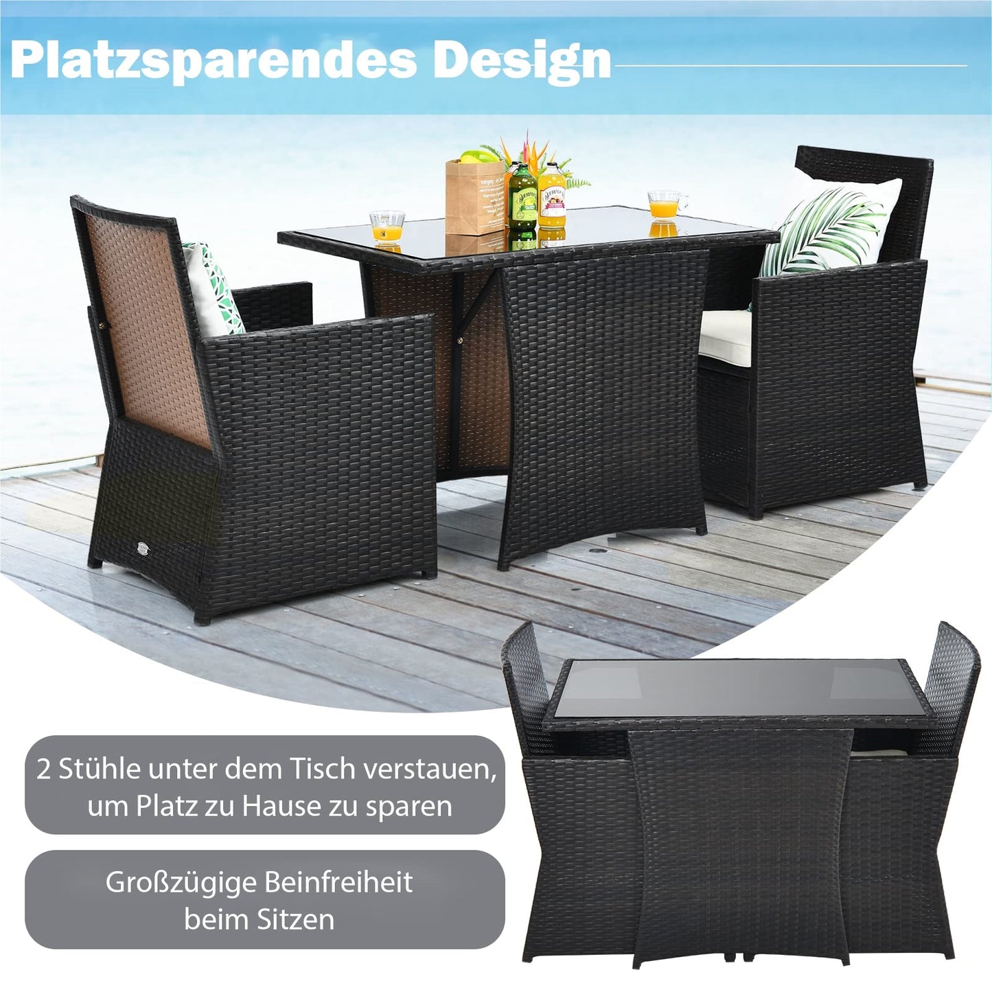 3-delige Polyrattan Tuinset – Bistroset – Loungeset – Tuinmeubelset – Balkonset – Ruimtebesparend Ontwerp – Weerbestendig Met Glasplaat