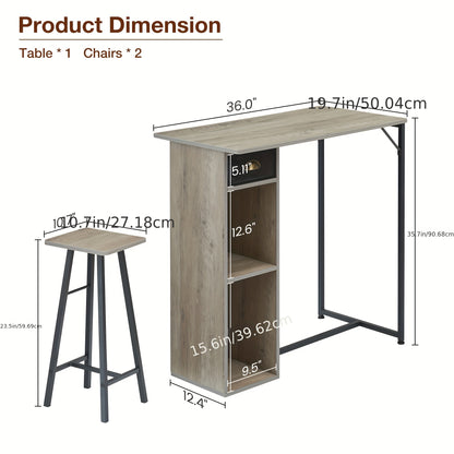 Eettafelset – Eettafel – Barkrukken – Barset – Keukentafel – Compact ontwerp – Opberglade en planken – Rustiek grijs