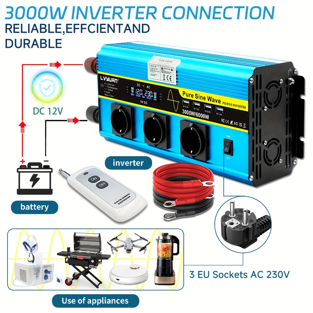 Spanningsomvormer – Omvormer – Inverter – Converter – Adapter – 3000W Continu Vermogen – Pure Sinusgolf Met LCD Display & Draadloze Afstandsbediening