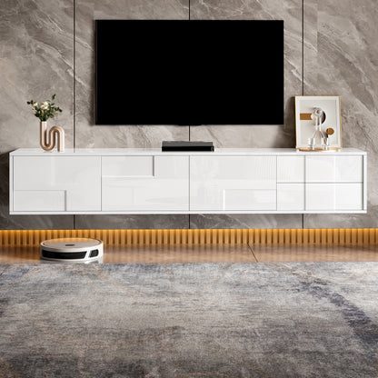 Modern Wall-Mountable TV Stand Compatible for 170cm Wide - Floor-Standing or Wall-Mountable Media Console with 3 Doors & 2 Drawers, Handleless Design, High-Gloss Finish, for Living Room (No Wood)