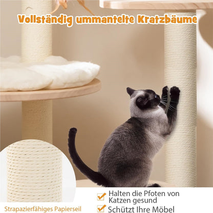 Kattenboom – Kattentoren – Krabpaal – Klimeiland – Kattenmeubel – 4-in-1 Houten Design – Capsule Nest Beige – Stevig Sisal – Comfortabele Pluche Platforms