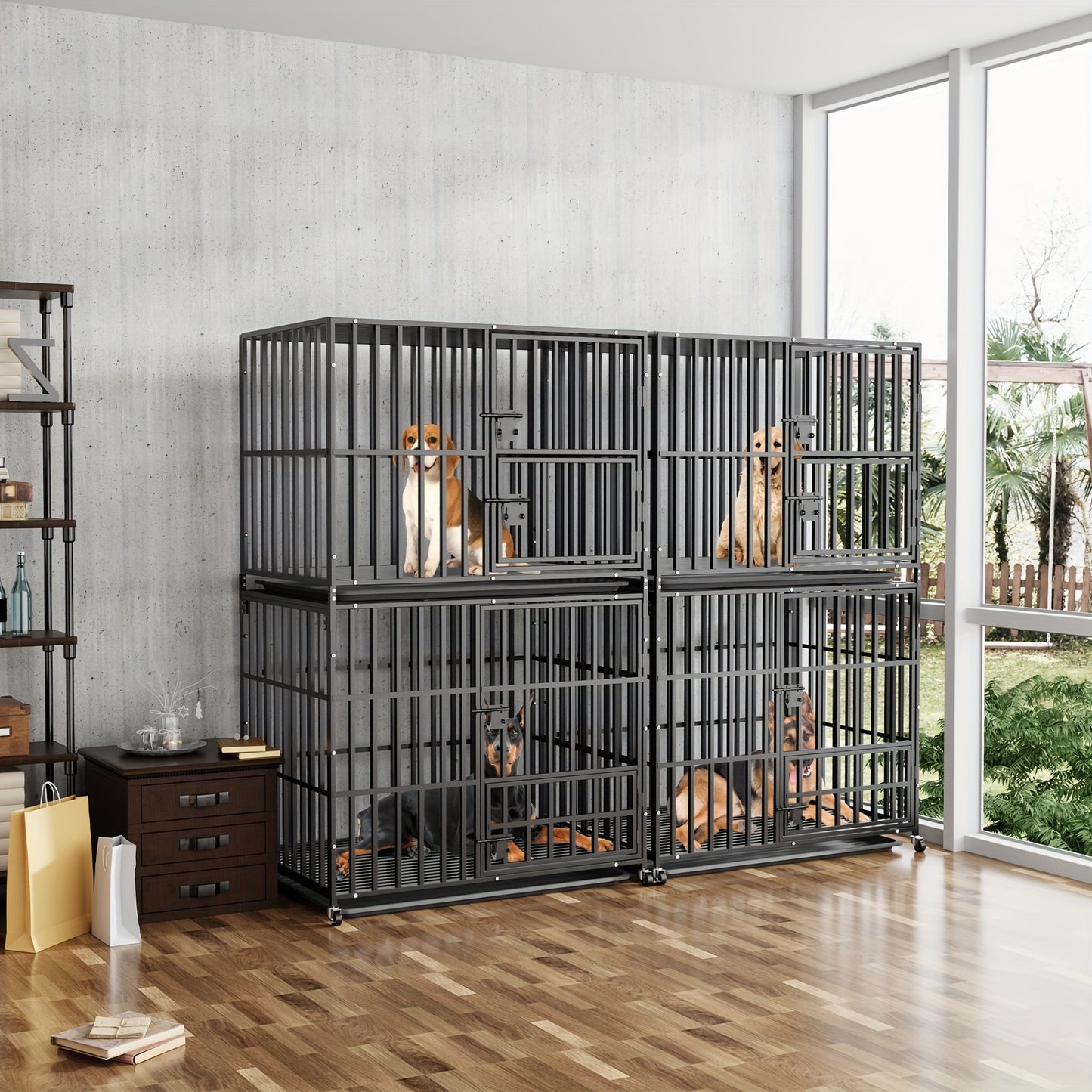 Hondenbench – Hondenkooi – Bench – Reisbench – Dubbele Laag – Met Wieltjes – Verwijderbare Trays – Stevig Metaal – Veilig Voor Middelgrote En Grote Honden