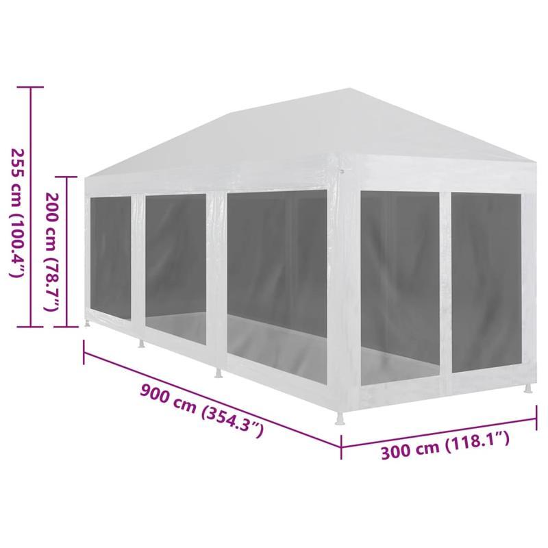 [1 Party Tent] 9x3m Party Tent with 8 Mesh Side Walls, Metal & Fabric Construction, No Electricity Required, for Events and Parties