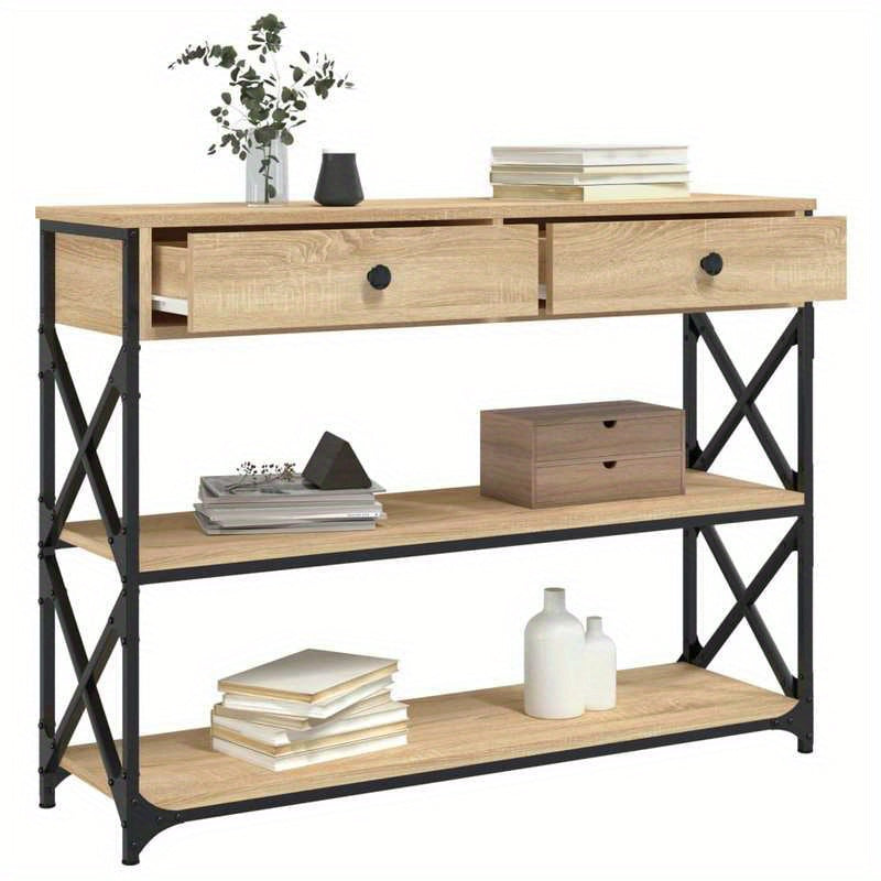Sidetable – Wandtafel – Opbergmeubel – Halmeubel – Wandtafel Sonoma Eiken Bruin – 3 Lagen – Stijlvolle Zwarte Metaal Frame