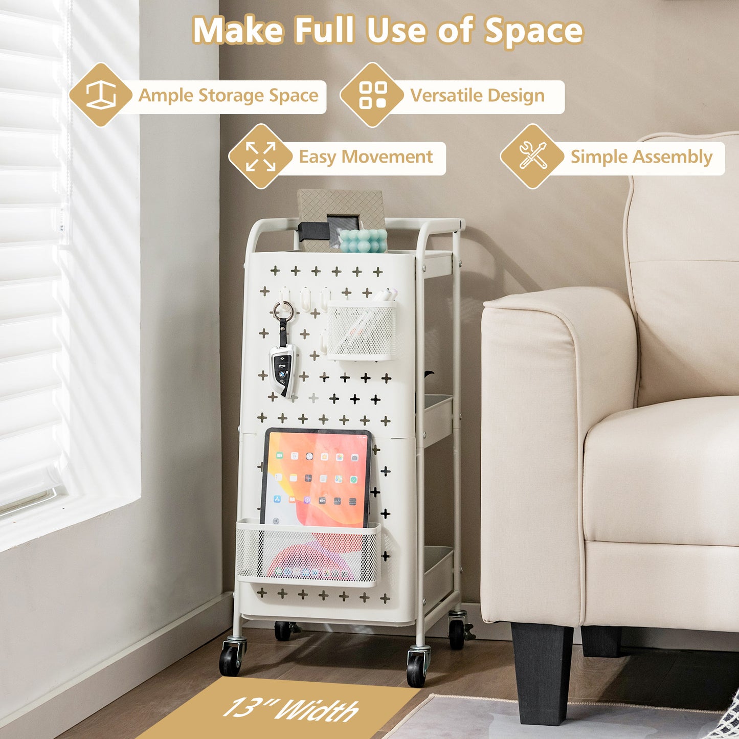 Opbergrek – Opbergtrolley – Stellingkast – Opbergwagen – Opbergrek – Metalen Frame – Ruimtebesparend Design – 3 Laags – Wit – Pegboards Met Haken En Bakken – Duurzaam Koolstofstaal