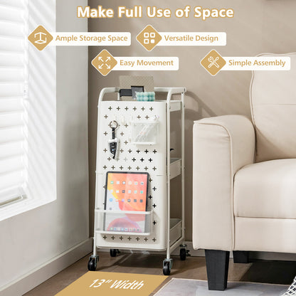 Opbergrek – Opbergtrolley – Stellingkast – Opbergwagen – Opbergrek – Metalen Frame – Ruimtebesparend Design – 3 Laags – Wit – Pegboards Met Haken En Bakken – Duurzaam Koolstofstaal