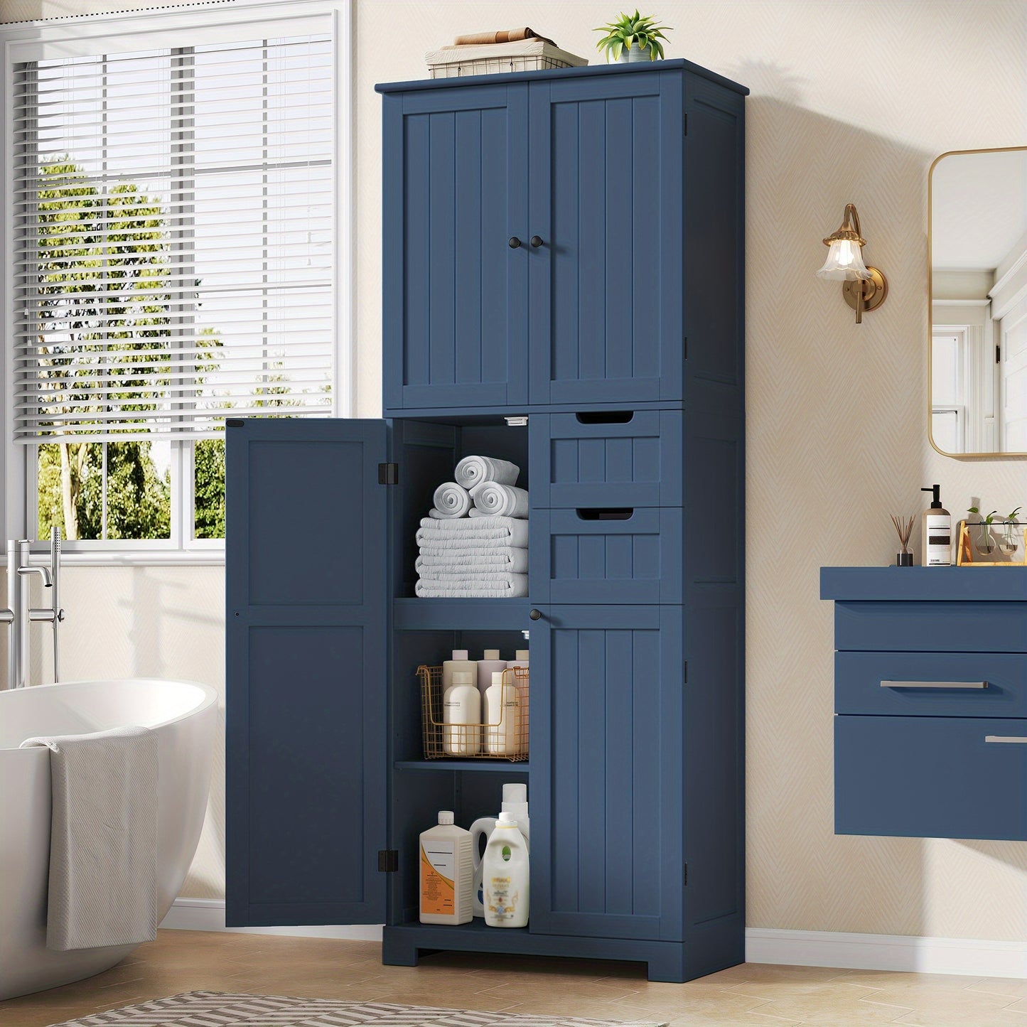 Opbergkast – Opbergmeubel – Dressoir – Vakkenkast – Kast Met 4 Deuren & 2 Laden – Moderne Blauwe MDF Kast – Hoog 164,5 cm – Ruime 3,2 Kubieke Voet Opslagruimte