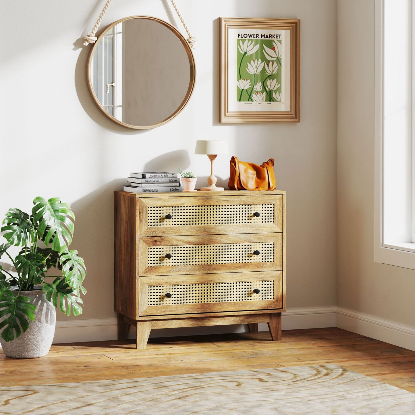 Ladekast – Ladenkast – Dressoir – Opbergkast – Kastje – Hout met Rotan Fronten – 80x35x76 cm – Ruime Opbergruimte