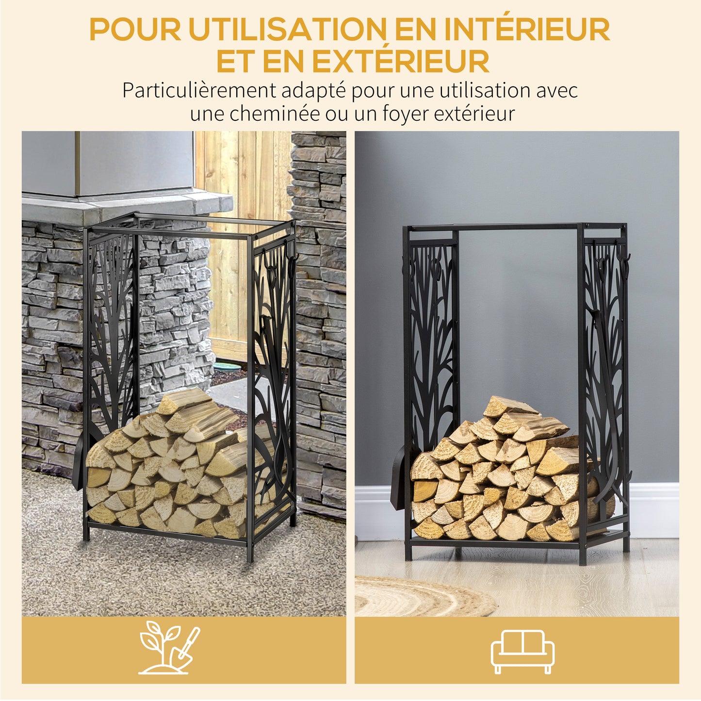 Houtopslag – Houtrek – Haardhoutrek – Haardhoutopberger – Haardservant – Zwart Staal – Inclusief 4 Haardaccessoires – Compact 46x29x70 cm