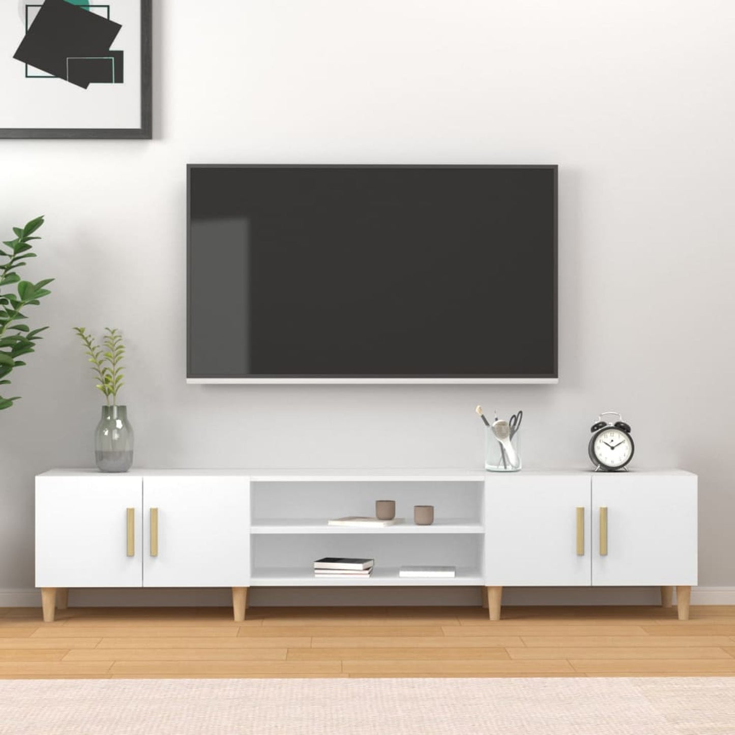 TV Meubel – TV Kast – TV Meubelkast – TV Dressoir – Tv Meubel Wit – Massief Eucalyptus Hout – 180x31,5x40 cm – Minimalistisch Design Met Deuren En Planken