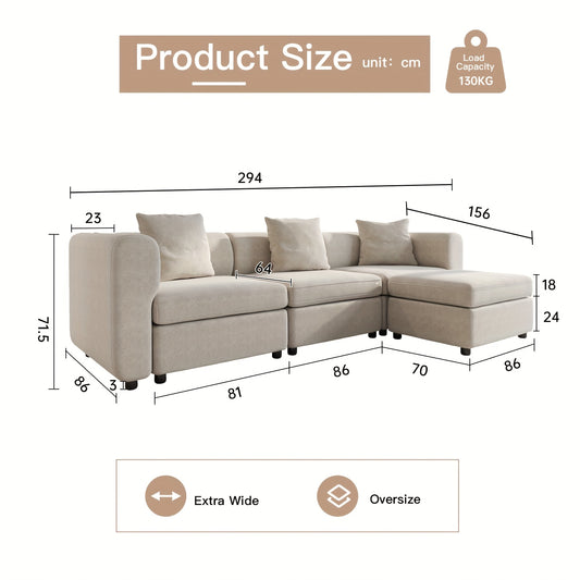 Hoekbank – Hoeksalon – Hoekzetel – L-vormige Bank – Modulaire Bank – Beige – 3-zits met Poef – Comfortabele Zachte Kussens – Eenvoudige Montage