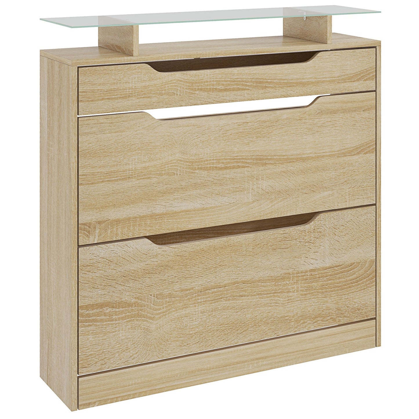 Schoenenkast – Schoenopberger – Schoenrek – Schoenenkastje – Schoenmeubel – 2 Vouwdeuren + 1 Lade – Verstelbare Glazen Plank – Eikenhout 89x23x96 cm