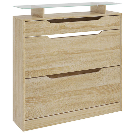 Schoenenkast – Schoenopberger – Schoenrek – Schoenenkastje – Schoenmeubel – 2 Vouwdeuren + 1 Lade – Verstelbare Glazen Plank – Eikenhout 89x23x96 cm