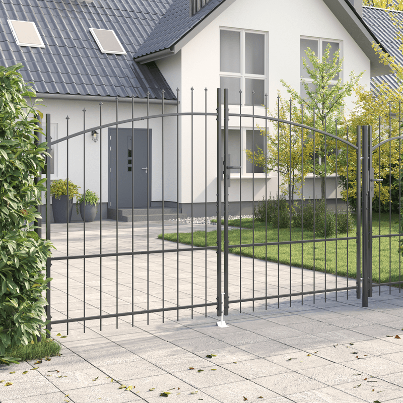 Tuinpoort – Dubbele Tuindeur – Smeedijzeren Poort – Tuinafscheiding – Hekwerk – Grijs – 175x300 cm – Stalen Puntvormige Spijlen – Dubbel Scharnierend