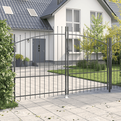 Tuinpoort – Dubbele Tuindeur – Smeedijzeren Poort – Tuinafscheiding – Hekwerk – Grijs – 175x300 cm – Stalen Puntvormige Spijlen – Dubbel Scharnierend