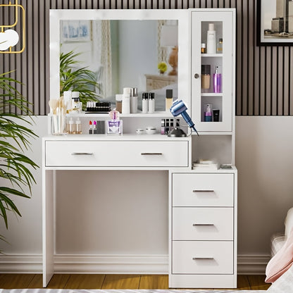 Bureau – Werkplek – Bureautafel – Computertafel – Meubel – Modern Design – 5 Lades & Spiegel – Glazen Blad 101x40x143 cm