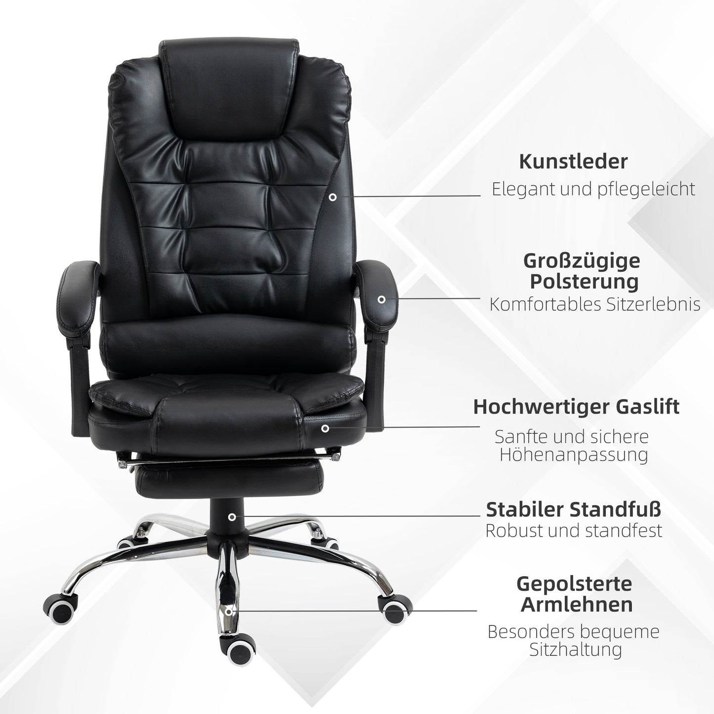 Bureaustoel – Office Chair – Bureau Stoel – Computerstoel – Bureaustoelen voor Volwassenen – Verstelbare Rugleuning – Inklapbare Voetsteun – Hoogte Verstelbaar – Zwart
