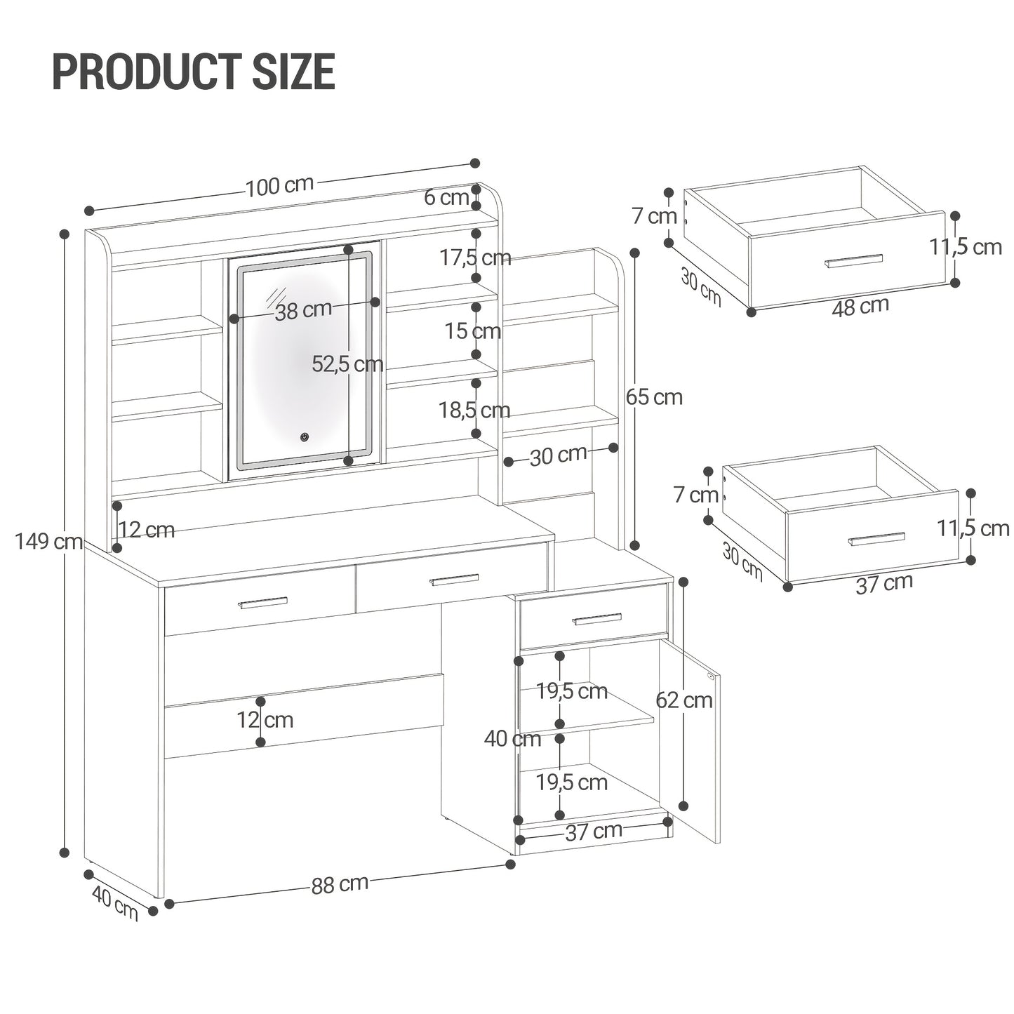 Jewelry Storage Cabinet, Large Table Top with Mirror, 3 Drawers And 1 Cabinet, Open Multi-Level Shelves for Bedroom, Wardrobe, 40 X 130 X 149cm, White, Jewelry Armoires - QUORE