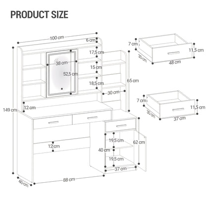 Jewelry Storage Cabinet, Large Table Top with Mirror, 3 Drawers And 1 Cabinet, Open Multi-Level Shelves for Bedroom, Wardrobe, 40 X 130 X 149cm, White, Jewelry Armoires - QUORE