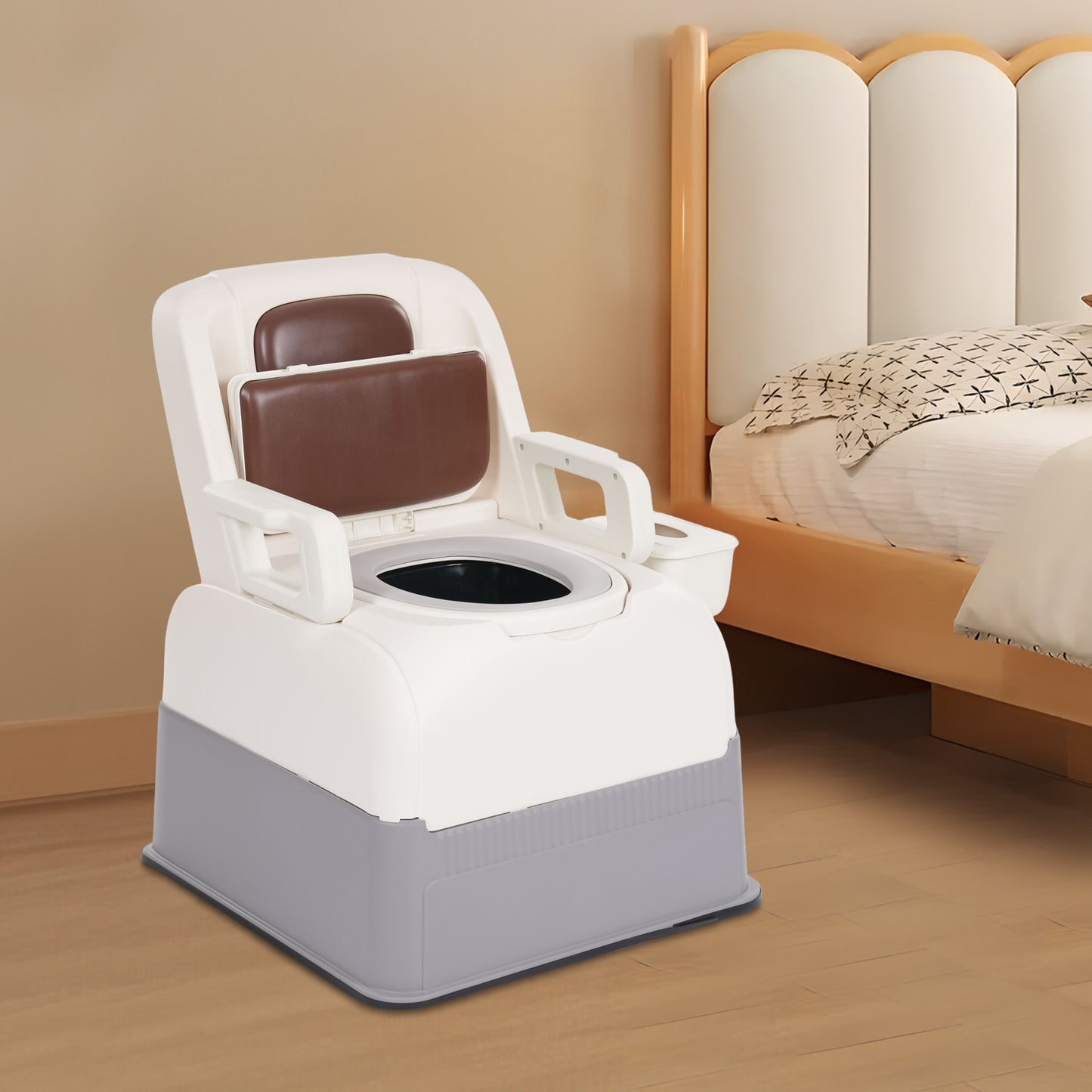 Bedside Commode Stoel – Toiletstoel – Commodestoel – Toiletkruk – Ziekenhuisstoel – Bruin – Stevige PP & PU Materiaal – Vrijstaand en Compact