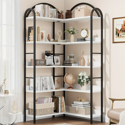 Boekenkast – Boekenplank – Wandrek – Kasten – Opbergkast – Extra Hoge 5-Lagen L-Vormige Boekenplank – Industrieel Metaal & MDF – 173,99 cm Hoog – Zwarte Hoekschilf Unit