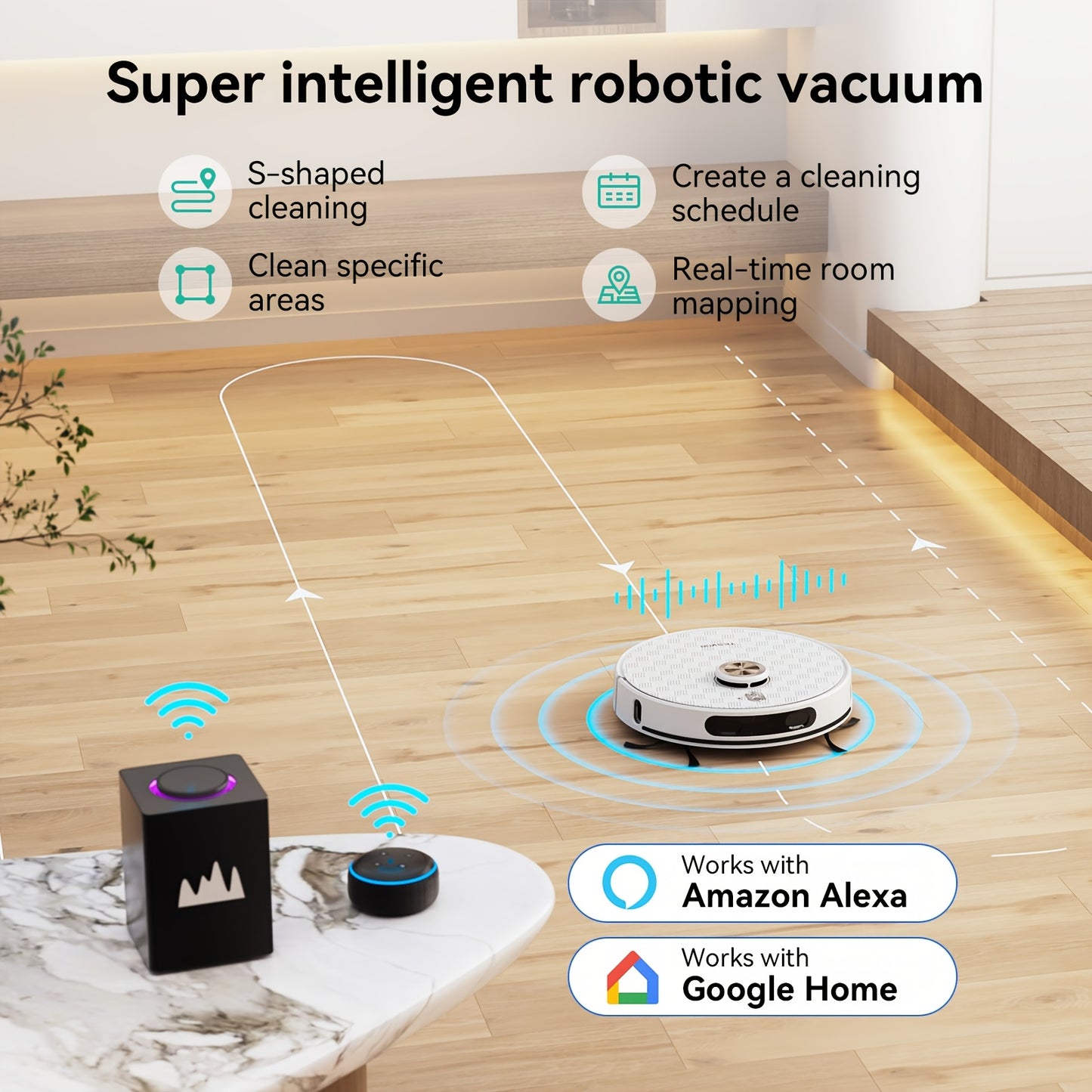 Robotstofzuiger – Robotstofzuiger met dweilfunctie – Automatische stofzuiger – Slimme schoonmaker – Dweilrobot – Wit – 6000 Pa zuigkracht – 3-in-1 laser navigatie
