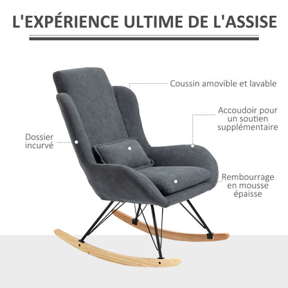 Schommelstoel – Wipstoel – Rocking Chair – Relaxstoel – Fauteuil – Hoog Dichtheid Foam Kussen – Grijs Linnen Bekleding