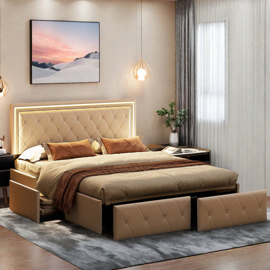 Double Bed with Storage, LED Lighting, 4 Drawers, USB Charging, Quick Assembly, PU Metal Frame, Classic Design, Suitable for Adult Bedrooms