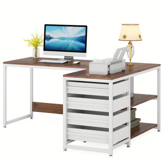 L-vormig bureau – hoekbureau – computerbureau – werkplek bureau – studeerbureau – met 4 ruime lades – stabiele metalen frame – walnoot & wit
