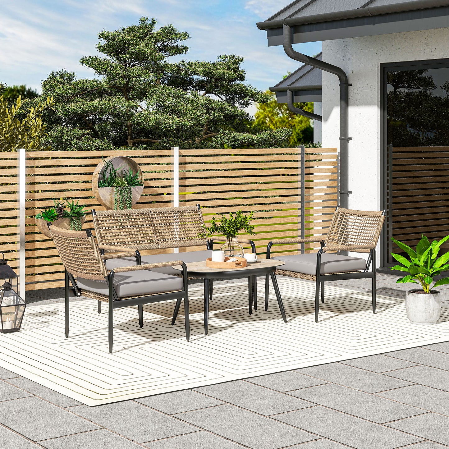 Poly Rattan Loungeset – Tuinmeubelset – Loungehoek – Buitenmeubel – Terrasmeubilair – Weerbestendig & UV-bestendig – Compleet 4-persoons Donkergrijs met Gele Accenten