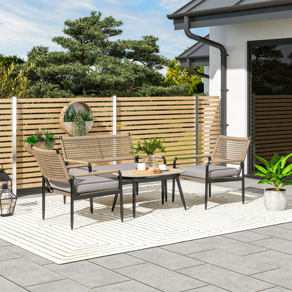 Poly Rattan Loungeset – Tuinmeubelset – Loungehoek – Buitenmeubel – Terrasmeubilair – Weerbestendig & UV-bestendig – Compleet 4-persoons Donkergrijs met Gele Accenten