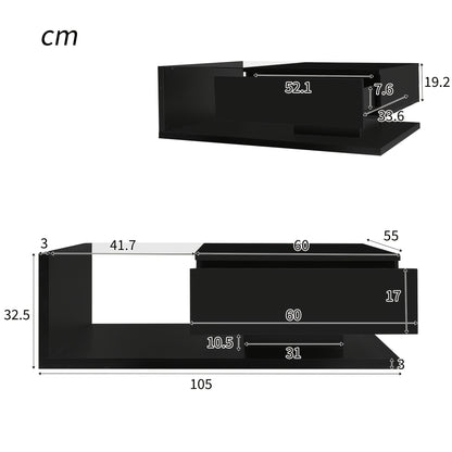 Salontafel – Koffietafel – Bijzettafel – Woonkamertafel – Opbergtafel – Hoogglans Zwart Glas – Gehard Glas Met Lade