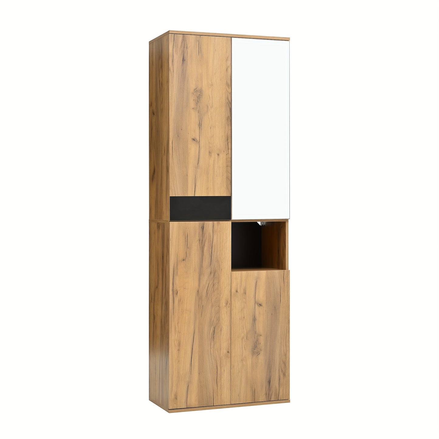 Moderne Hoge Kledingkast – Garderobekast – Opbergkast – Dressoirkast – Kastenmeubel – Met Spiegel – Vrijstaand – 4 Deuren + Open Plank – Natuurlijk Hout Met Zwarte Accenten – Ruime Opbergruimte – Vloermontage Zonder Elektriciteit