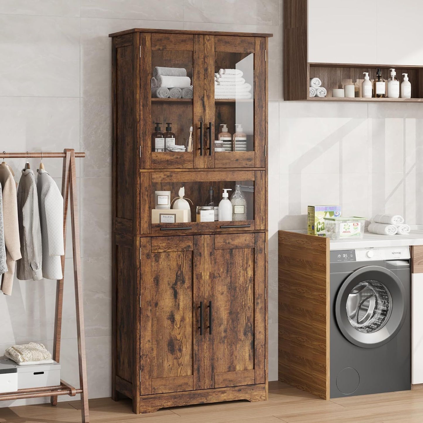 Large Storage Cabinet with Glass Doors | Tall Hardwood Cabinet with Drawers and Shelves, Modern Style, Floor Mount, Brown, Retro Double Door for Hallway and Bedroom