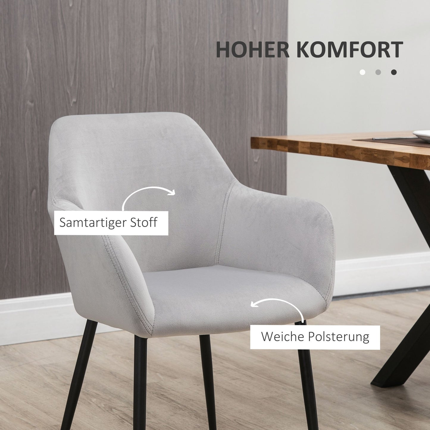 Eetkamerstoel – Stoel – Dining Chair – Stoel Met Rugleuning – Velours Stoel – Set van 2 – Lichtgrijs – Fluwelen Bekleding – Stalen Poten – Ergonomisch Design – 54x57x80 cm