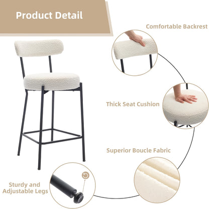 Set of 2 Modern Counter Height Bar Stools with Upholstered Boucle Seats & Backrests - Heavy-Duty Metal Frame, 136.08KG Weight Capacity, Black Legs & White Cushioned Seating - Easy Assembly, Contemporary Kitchen Island Chairs