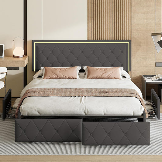 Tweepersoonsbed – Bedframe – Bed – Slaapbed – Ledikant – Donkergrijs – 160x200 cm – 4 Uitschuifbare Laden – Verstelbaar Hoofdbord