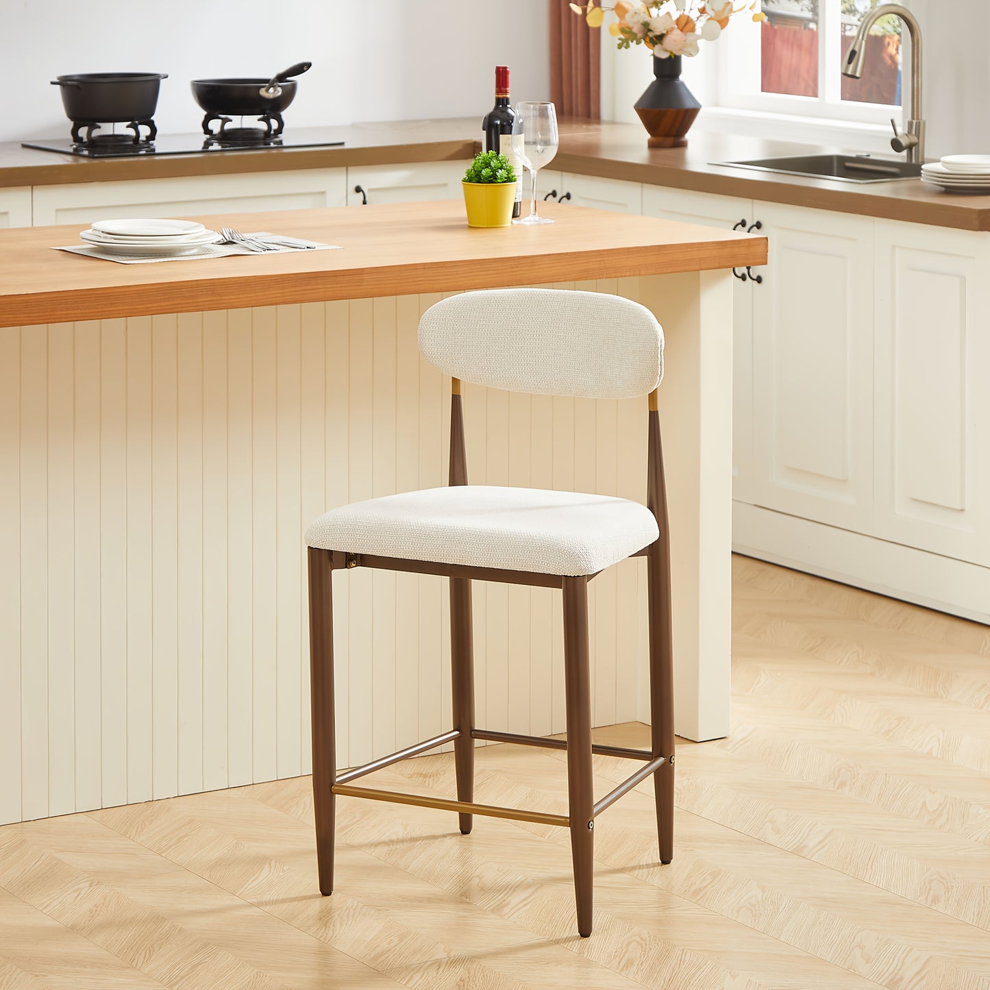 2pcs French Country Style Bar Stools | Blending Modern Retro Design, Beige Fabric Chair Covers, Suitable for Kitchen Islands and Open Bar Counters, Metal Frame