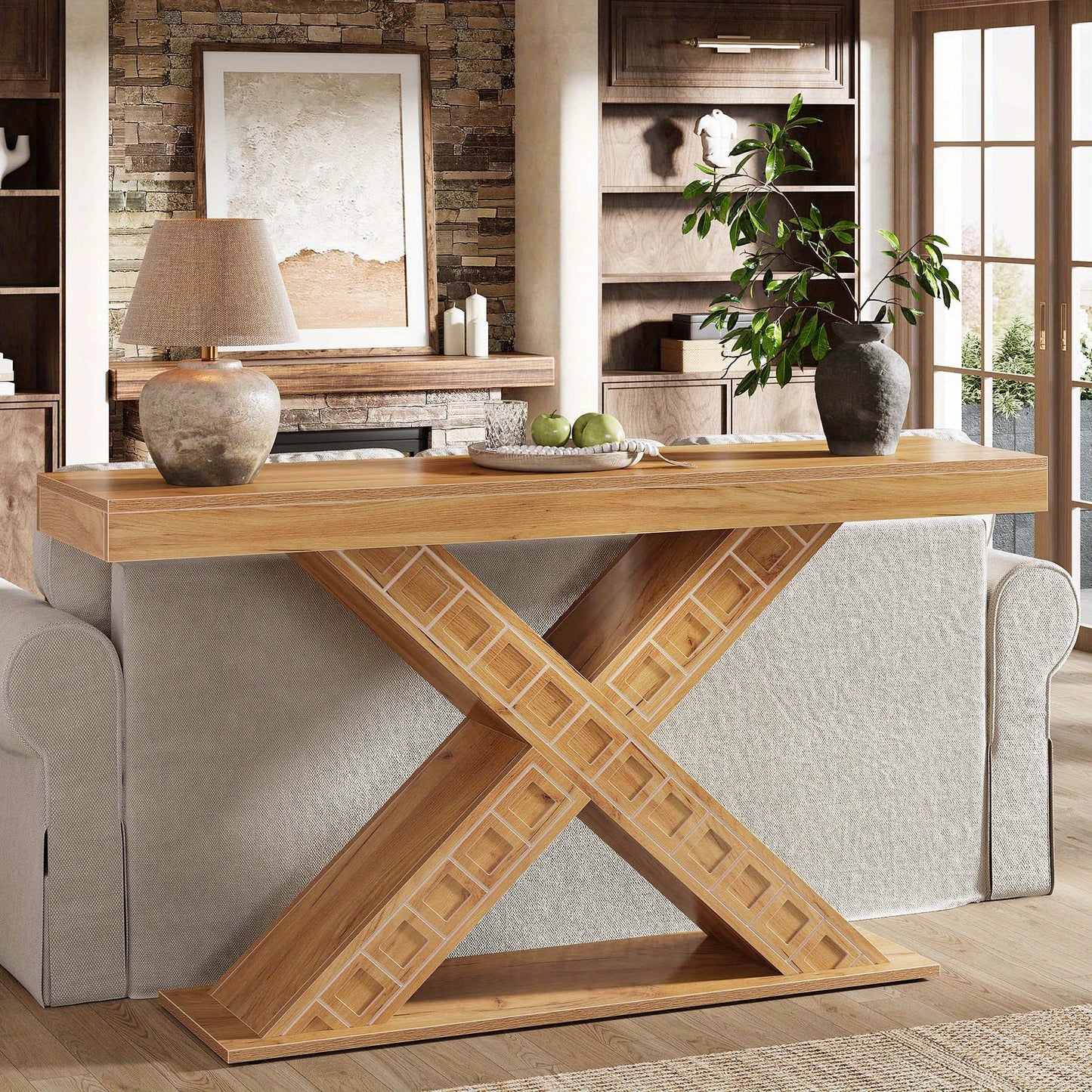 55 Inch Sidetable – Console Tafel – Halmeubel – Foyertafel – Smalle Tafel – X-Vormige Houten Basis – Robuust 2,95 Inch Dikte – 200 Kg Draagkracht