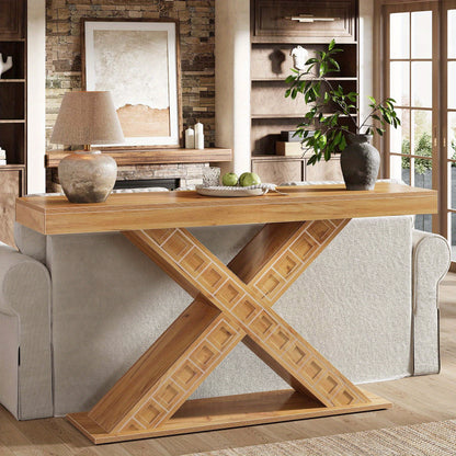 55 Inch Sidetable – Console Tafel – Halmeubel – Foyertafel – Smalle Tafel – X-Vormige Houten Basis – Robuust 2,95 Inch Dikte – 200 Kg Draagkracht