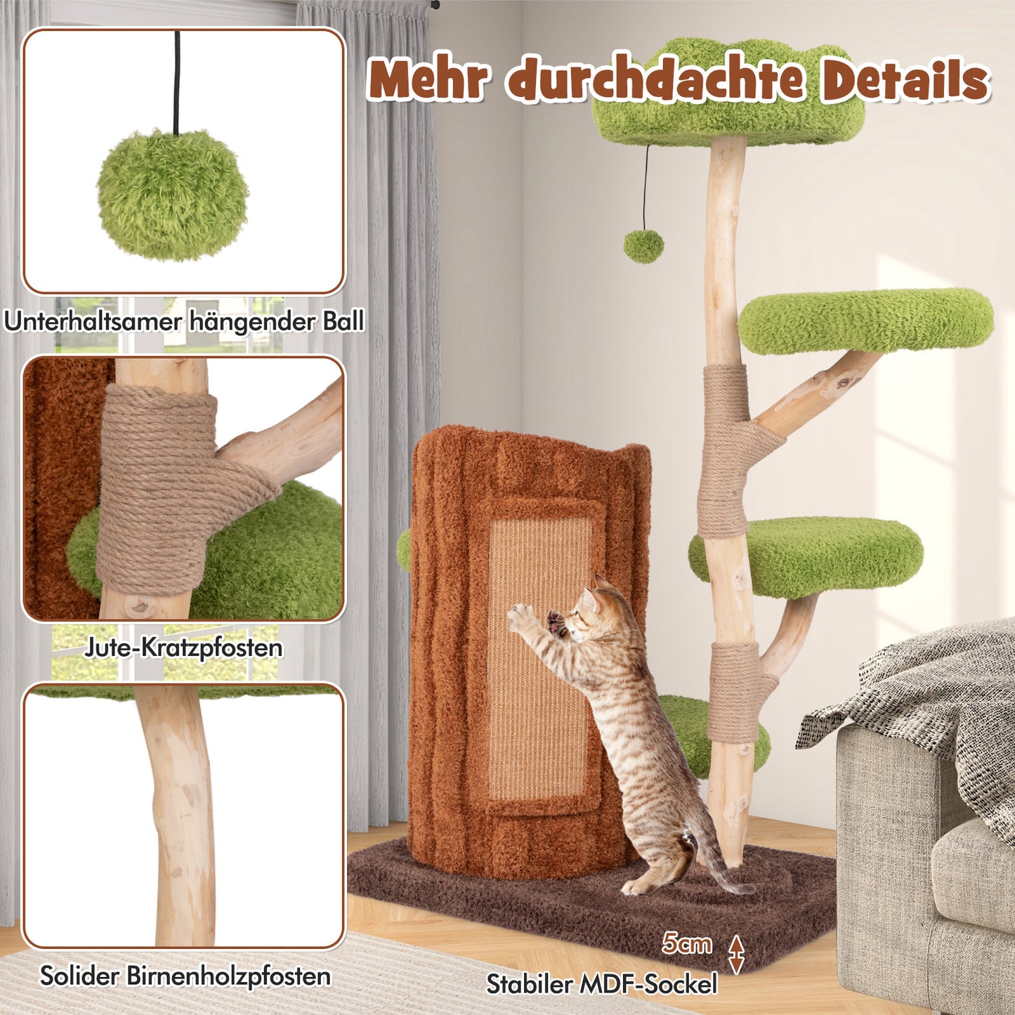 Kattenkrabpaal – Krabboom – Kattentoren – Krabmeubel – Kattenhuis – Tweelaagse Kattengrot – Stevig Houten Frame – Sisal Krabpaal Met Speelbal – Bruin Groen 80x50x141 cm