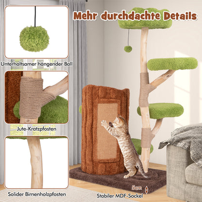 Kattenkrabpaal – Krabboom – Kattentoren – Krabmeubel – Kattenhuis – Tweelaagse Kattengrot – Stevig Houten Frame – Sisal Krabpaal Met Speelbal – Bruin Groen 80x50x141 cm