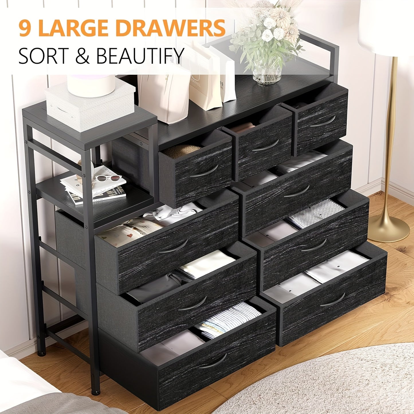 Drawer cabinet, dresser with 9 drawers, storage cabinet suitable for bedroom, wide dresser with shelves, for storage and organization, 100*30*86cm