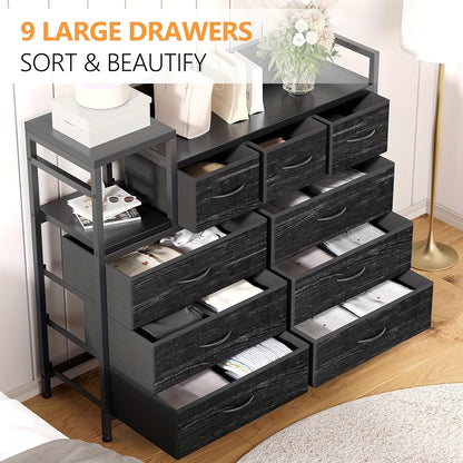 Drawer cabinet, dresser with 9 drawers, storage cabinet suitable for bedroom, wide dresser with shelves, for storage and organization, 100*30*86cm