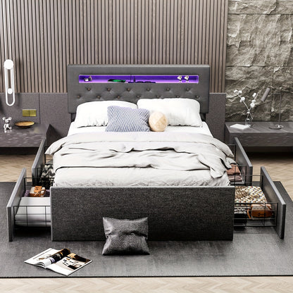 Bed 140x200 cm – Tweepersoonsbed – Boxspring – Led Bed – Opbergbed – Gestoffeerd Hoofdbord – Met Vier Lade Opbergruimte – USB Verlichte LED – Met Houten Lattenbodem