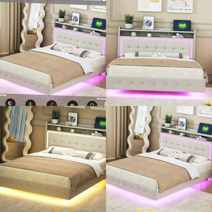 Bed – Eenpersoonsbed – Tweepersoonsbed – Boxspring – Opbergbed – 140x200 cm – Linnen Bekleding – Verborgen Onderstel